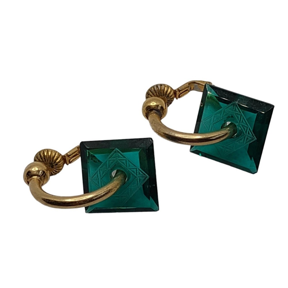 Vintage Art Deco Gold Tone Green Etched Glass Clip On Hoops